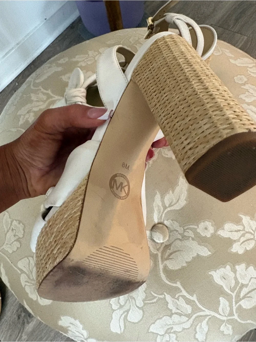 Michael Kors White Knotted Platform Sandals with Woven Block Heel